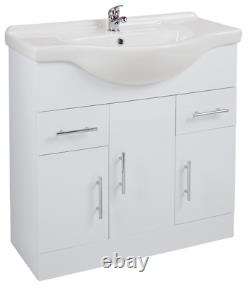 Bathroom 850mm Vanity Unit Ceramic Basin Sink Storage Gloss White Doors