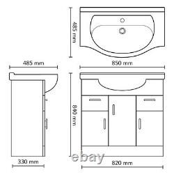 Bathroom 850mm Vanity Unit Ceramic Basin Sink Storage Gloss White Doors (850V)