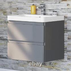 Bathroom Cabinet Vanity Unit Sink Basin Storage Ceramic Wall Hung 600 Grey