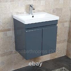 Bathroom Cloakroom 500 MM Vanity Unit Wall Hung Gloss Grey 2 Door Devlyn
