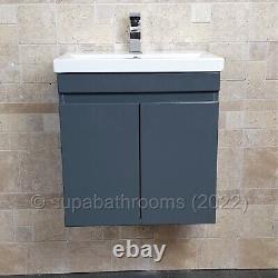 Bathroom Cloakroom 500 MM Vanity Unit Wall Hung Gloss Grey 2 Door Devlyn