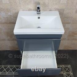 Bathroom Cloakroom 500 MM Vanity Unit Wall Hung Gloss Grey 2 Drawer Devlyn