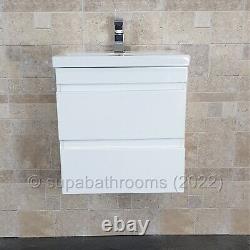 Bathroom Cloakroom 500 MM Vanity Unit Wall Hung Gloss White 2 Drawer Devlyne