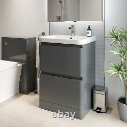 Bathroom Cloakroom Vanity Unit Wash 600 Basin Base Cabinet Drawers Storage Grey