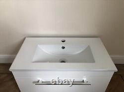 Bathroom Gloss White Wall Hung Vanity Unit Modern Slim Sink Basin Storage Drawer