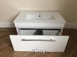 Bathroom Gloss White Wall Hung Vanity Unit Modern Slim Sink Basin Storage Drawer