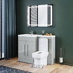 Bathroom Grey Vanity Unit Sink Cabinet Left Hand Basin Storage with WC Toilet