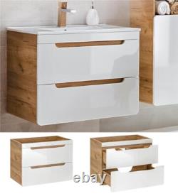 Bathroom Vanity Sink Unit Wall Hung Drawer Cabinet 600mm White Gloss Oak Aruma