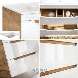 Bathroom Vanity Sink Unit Wall Hung Drawer Cabinet 600mm White Gloss Oak Aruma