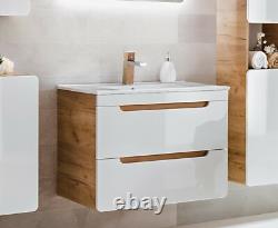 Bathroom Vanity Sink Unit Wall Hung Drawer Cabinet 600mm White Gloss Oak Aruma