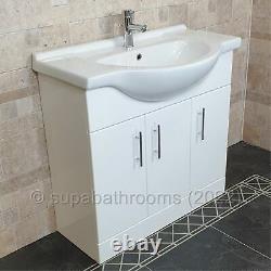Bathroom Vanity Unit 850mm Cloakroom Classic Gloss White and Ceramic Basin