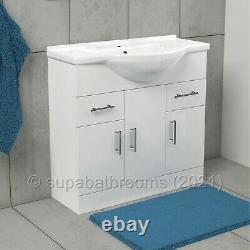 Bathroom Vanity Unit 850mm Cloakroom Classic Gloss White and Ceramic Basin
