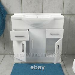 Bathroom Vanity Unit 850mm Cloakroom Classic Gloss White and Ceramic Basin