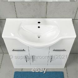 Bathroom Vanity Unit 850mm Cloakroom Classic Gloss White and Ceramic Basin