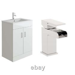 Bathroom Vanity Unit & Basin Sink Waterfall Mixer &Waste High Gloss White