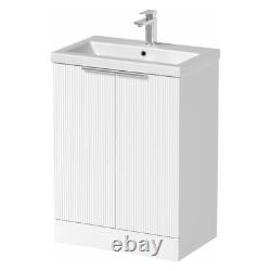 Bathroom Vanity Unit Fluted Freestanding Basin Sink 600mm Cabinet Storage White