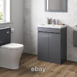 Bathroom Vanity Unit Freestanding Basin Sink Cabinet Furniture Gloss Grey 600mm