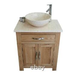 Bathroom Vanity Unit Oak Modern Cabinet Wash Stand Cream Marble Top & Basin 502