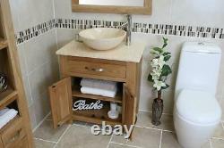 Bathroom Vanity Unit Oak Modern Cabinet Wash Stand Cream Marble Top & Basin 502