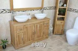 Bathroom Vanity Unit Oak Sink Cabinet Double Ceramic Wash Basin Tap & Plug