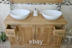 Bathroom Vanity Unit Oak Sink Cabinet Double Ceramic Wash Basin Tap & Plug