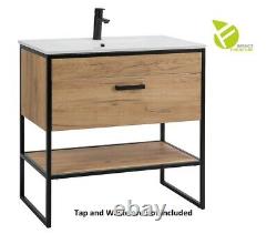 Bathroom Vanity Unit Sink 800 Cabinet Black Steel Oak Brooklyn