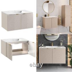 Bathroom Vanity Unit Sink Basin 800mm Modern Wall Hung Cabinet Fluted Beige Cama