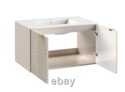 Bathroom Vanity Unit Sink Basin 800mm Modern Wall Hung Cabinet Fluted Beige Cama