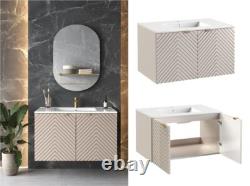 Bathroom Vanity Unit Sink Basin 800mm Modern Wall Hung Cabinet Fluted Beige Cama