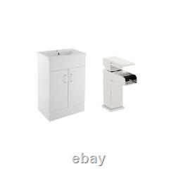 Bathroom Vanity Unit & Sink Basin Furniture Set & Waterfall Mixer Tap White 600