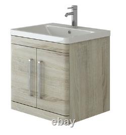 Bathroom Vanity Unit & Sink Basin Storage 600mm Oak Wall Hung Cloakroom- 2 Doors