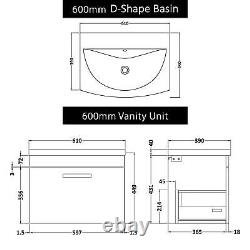 Bathroom Vanity Unit Wall Hung 2 Drawer 500/600/800mm Multicolour Black Handle