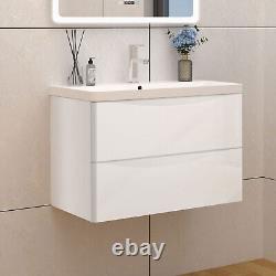 Bathroom Vanity Units with Sink, Gloss White, Wall Hung, 2 Drawers, Furniture Unit
