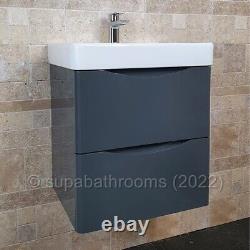 Bathroom Wall Hung Vanity Unit And Basin 500 Gloss Grey 2 Drawer Smile