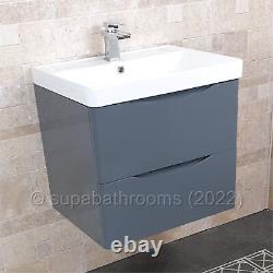 Bathroom Wall Hung Vanity Unit And Basin 600 Gloss Grey 2 Drawer Smile
