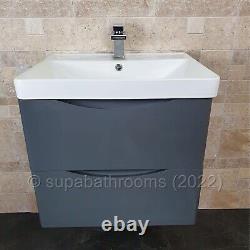Bathroom Wall Hung Vanity Unit And Basin 600 Gloss Grey 2 Drawer Smile