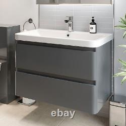 Bathroom Wall Hung Vanity Unit Wash 800 Basin Base Cabinet Drawers Storage Grey