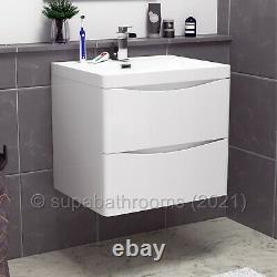 Bathroom Wall Hung Vanity Unit White Gloss 2 Drawer Cabinet 600 Smile