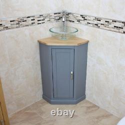Bathroom sink unit vanity cabinet grey corner unit with basin tap and plug