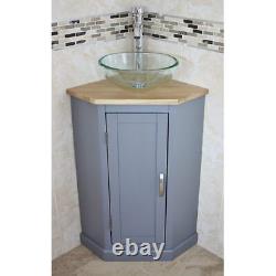 Bathroom sink unit vanity cabinet grey corner unit with basin tap and plug