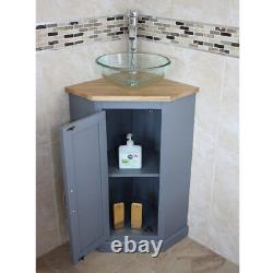 Bathroom sink unit vanity cabinet grey corner unit with basin tap and plug