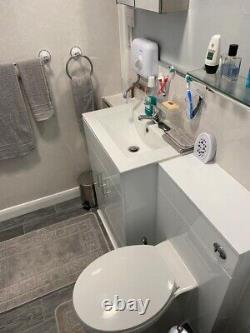 Bathroom vanity unit with sink, toilet, soft close seat and mixer tap in white