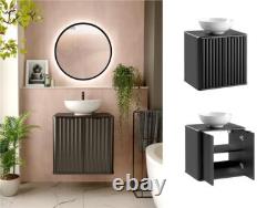 Black Bathroom Vanity Sink Unit Wall Hung Ribbed Cabinet 600mm Countertop Nero