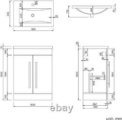 Cabinet Vanity Unit Sink Bathroom Basin Storage Grey Floor standing Floor 600mm
