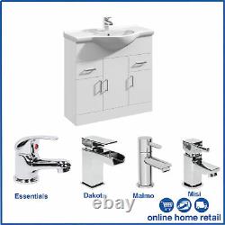 Classic White Bathroom Furniture Storage Vanity Unit and Basin Sink Taps + Waste