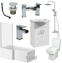 Complete Bathroom Suite L Shaped 1500mm LH Bath Basin Vanity Unit WC Shower Taps