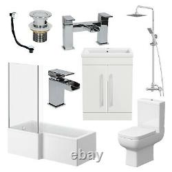 Complete Bathroom Suite L Shaped LH Bath Toilet Basin Taps Vanity Unit Shower