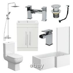 Complete Bathroom Suite RH L Shaped Bath Toilet Vanity Unit Basin Taps Shower