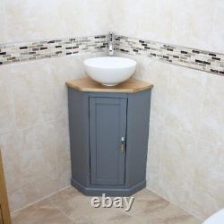 Corner bathroom vanity unit grey painted solid wood base ceramic basin tap set