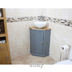 Corner bathroom vanity unit grey painted solid wood base ceramic basin tap set